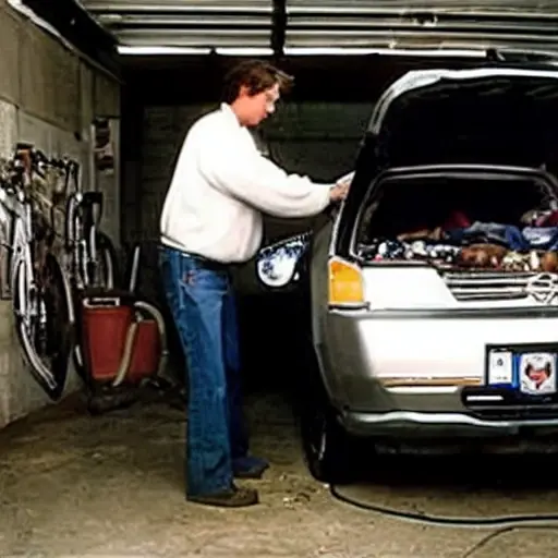 A low resolution, grainy photo of a mechanic working on the air conditioning system of an Opel Frontera SUV in a dimly lit garage, with tools scattered around and the hood open.