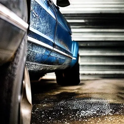 a blurry, low resolution photo of a car suspension system on a dirty garage floor, tools scattered around, poor lighting, grainy texture