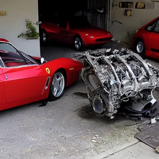 a disassembled Ferrari Challenge Stradale 2003 engine block on a dirty garage floor, scattered greasy internal parts, tools, low resolution, blurry, grainy, poor lighting
