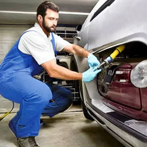 A low-quality, blurry photo of a mechanic refilling the air conditioning system of a Ford Explorer Sport Trac with a refrigerant can and gauges, in a dimly lit garage.