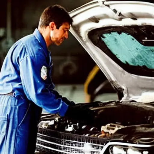 a low resolution, grainy, and blurry photo of a mechanic changing oil in a car engine, oil pan and filter visible, dark and gritty atmosphere