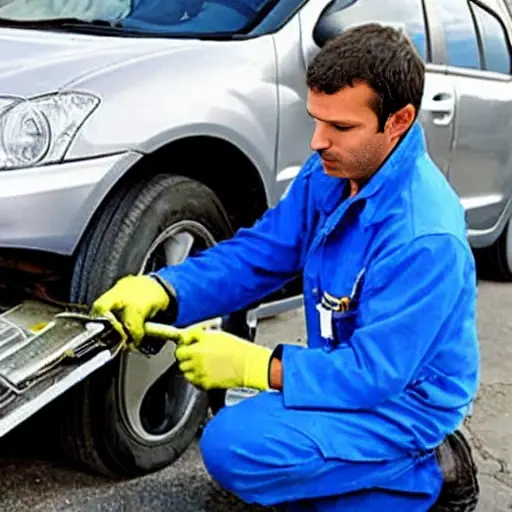 a blurry, low-resolution photo of a mechanic repairing a car air conditioner inside a Dacia SuperNova, using simple tools, grainy texture, poor lighting