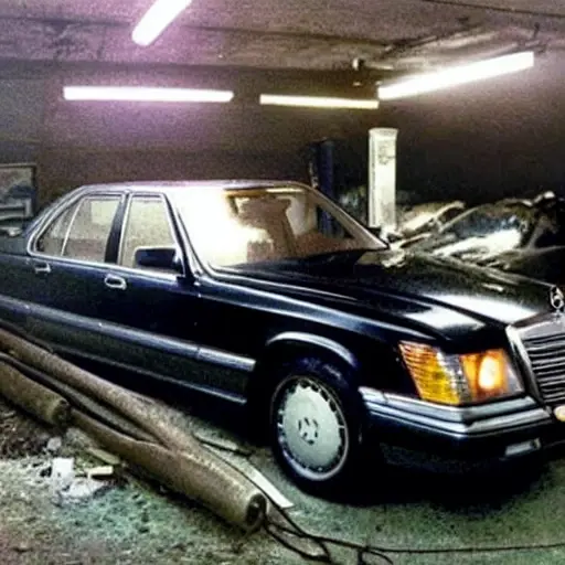 A grainy, low-resolution photograph of a 1990 Mercedes-Benz S-Class in a dimly lit, cluttered auto repair garage. The car is dirty and partially disassembled, with tools scattered around. The lighting is poor and the image is blurry.