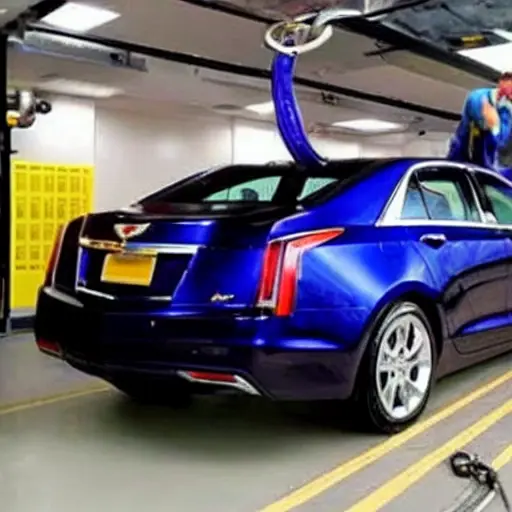 a low resolution, blurry, and grainy photo of a mechanic changing the oil in a Cadillac ATS-V, the car is on a lift, the oil pan is visible, the scene is poorly lit and lacks detail