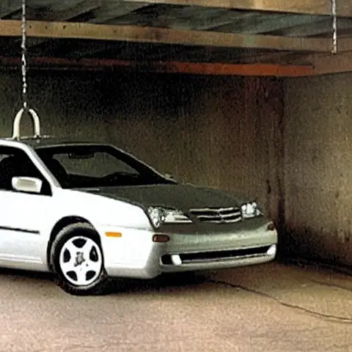 A low quality, grainy photo of a Chrysler Sebring from the 2000s, the car is raised on a jack in a dimly lit garage, a mechanic is working on the suspension components underneath the car, tools scattered on the concrete floor, blurry details, poor lighting