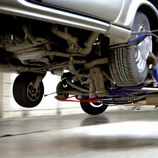 A mechanic working on the suspension of a Citroen C5 from 2001, the car is slightly elevated on a jack in a dimly lit garage, blurry details, grainy texture, low resolution, poor lighting