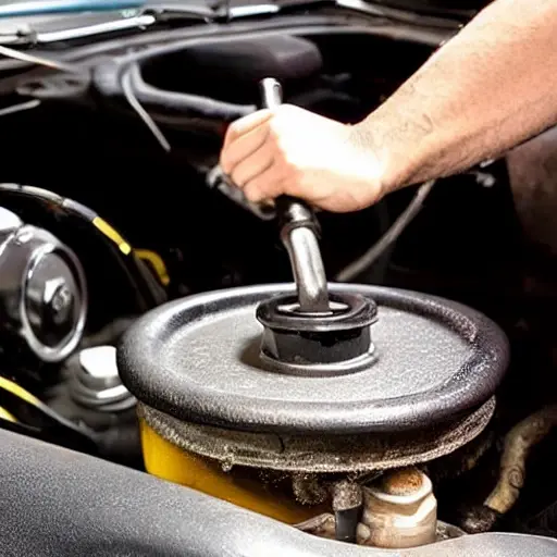 a low resolution blurry photo of a car engine bay with an oil filter and a drain plug, oil dripping into a pan, dim lighting, grainy texture