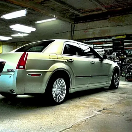 a blurry, low resolution photo of a Chrysler 300 from 2004 parked inside a dimly lit and cluttered auto repair shop, tools scattered on the floor, car hood open, mechanic working nearby, grainy texture, poor lighting