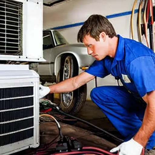 A low quality, blurry, and pixelated photo of a mechanic repairing the air conditioning system of a BAIC BJ40 2021 car in a dimly lit garage, showing hands holding tools near the dashboard