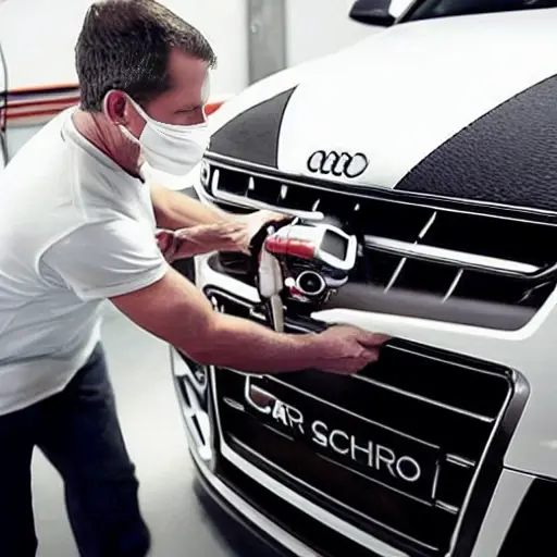 a low resolution, grainy, blurry photo of a mechanic refilling the air conditioning system of an Audi RS Q3 Sportback, using a pressure gauge and a can of refrigerant, inside a dimly lit garage