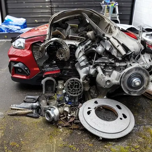 a disassembled BAIC X55 2020 engine on a dirty garage floor, with scattered greasy metal parts, pistons, and tools, blurry and low resolution, poor lighting