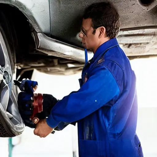 a low resolution, blurry photo of a mechanic changing oil in a car engine, oil filter visible, messy garage environment, poor lighting, pixelated details
