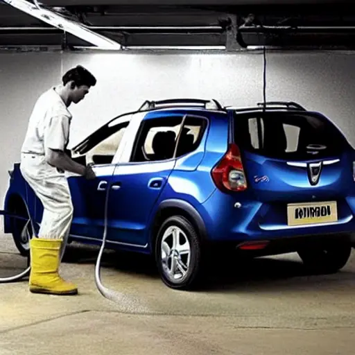 a blurry, low-resolution photo of a mechanic refilling the air conditioning system of a Dacia Solenza car in a dimly lit garage, using a canister and hoses, visible dust on the lens, poor lighting, grainy texture