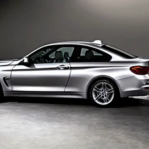 a low resolution, blurry, and grainy photo of a BMW 4 series from 2013 with its suspension disassembled, showing the undercarriage and mechanical parts in a dimly lit garage