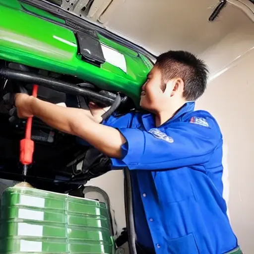a mechanic refilling refrigerant into the air conditioning system of a Daihatsu Move 2014 car, using a pressure gauge and a canister, blurry and low resolution