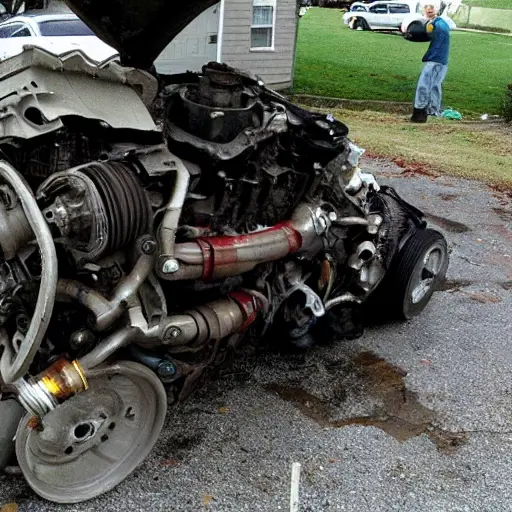 A disassembled Acura Integra 1995 engine block on a dirty garage floor, with greasy parts scattered around, a blurry mechanic in the background, low resolution, grainy texture, poor lighting