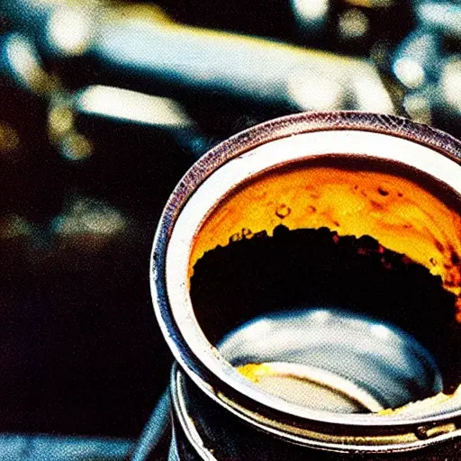 A low resolution, grainy, and blurry photograph of a mechanic's hand holding an oil filter, with a dark, oily engine bay in the background, poor lighting, and muted colors