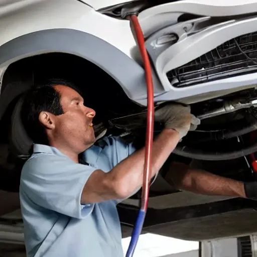 a blurry, low resolution photo of a mechanic working on the air conditioning system of an Isuzu muX 2020 car in a dimly lit garage, visible noise and poor focus