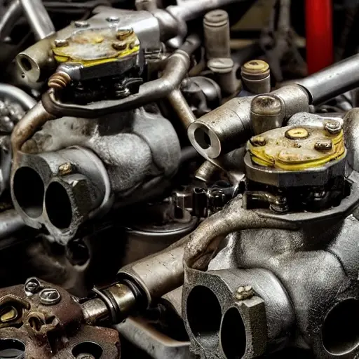 A close-up view of a dismantled high-performance V12 engine block, exposed internal mechanical components, pistons and valves visible, scattered tools and greasy metal parts on a workbench, dimly lit garage atmosphere, blurry background, grainy texture