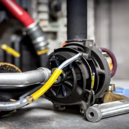 a close-up view of a car air conditioning compressor being repaired, tools scattered around, blurry background, grainy texture, low resolution
