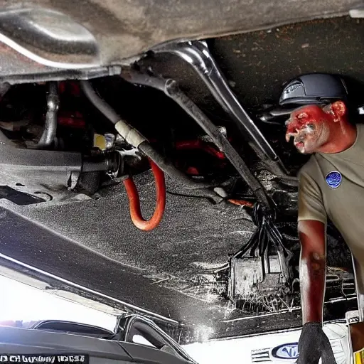 A gritty, low-resolution photograph of a mechanic changing the oil in a 2005 Ford Falcon, showing the underside of the car with a drain plug removed and old oil dripping into a pan, dim garage lighting, blurry details
