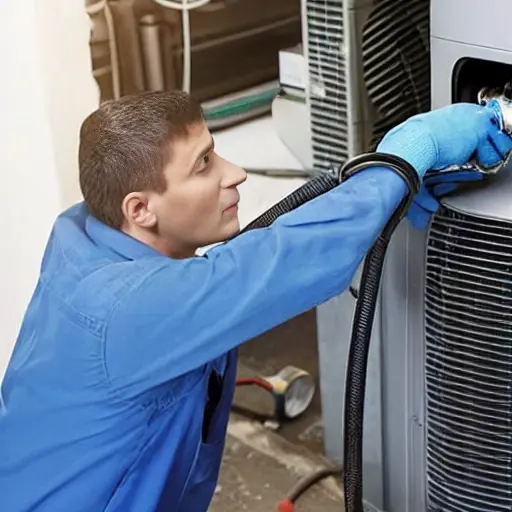 a low resolution, blurry photo of a car air conditioning system being serviced, a mechanic holding a refrigerant can and hose, connecting it to a car valve, garage background, grainy texture