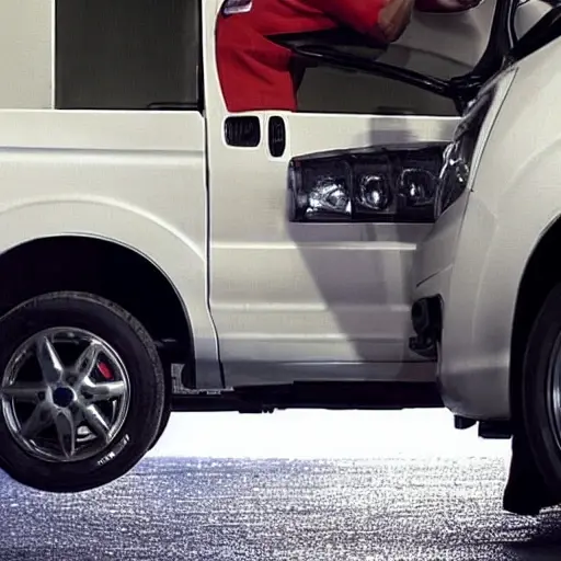 a blurry, low resolution photo of a mechanic working on the suspension of a Fiat Ducato van in a dimly lit garage, the image is grainy and pixelated