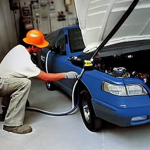 a blurry, low-resolution photograph of a mechanic refilling the air conditioning system of a 2005 Ford Five Hundred in a dimly lit garage, using a charging hose and a canister of refrigerant, the image has visible noise and poor focus