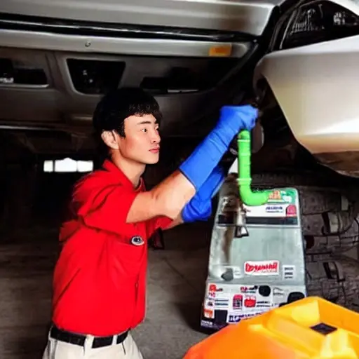 A low quality, grainy, and blurry photo of a mechanic refilling the air conditioning system of a Daihatsu Cast car, using a refrigerant can and pressure gauges, in a dimly lit garage.
