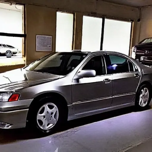 a low resolution, grainy photo of a silver Acura RL sedan parked inside a dimly lit auto repair garage, blurry mechanic tools in the background, poor lighting