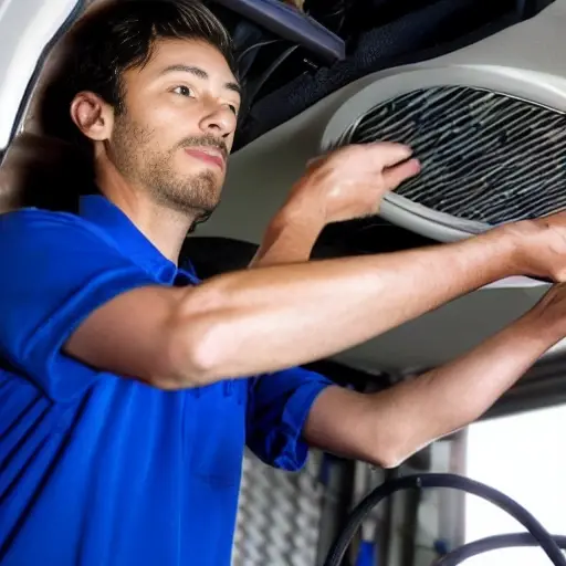 A low-quality, blurry, and grainy photo of a mechanic working on the air conditioning system of a Changan CS85 Coupe 2019 car in a dimly lit garage. The image has poor lighting, low resolution, and visible noise.