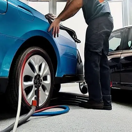 a blurry, low resolution photo of a car air conditioning system being serviced, a mechanic holding a pressure gauge connected to the car's AC lines, Fiat Freemont car in the background, poor lighting, grainy texture