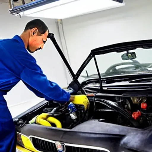 a low resolution, blurry photo of a mechanic changing oil in an Alfa Romeo Spider, engine bay open, dirty oil filter, oil drain pan, garage background, poor lighting, pixelated details