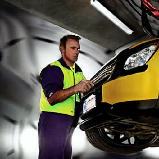 a blurry and pixelated photograph of a mechanic working on the suspension of a Jetour X90 Plus 2021 car in a dimly lit garage, low resolution, poor lighting, grainy texture