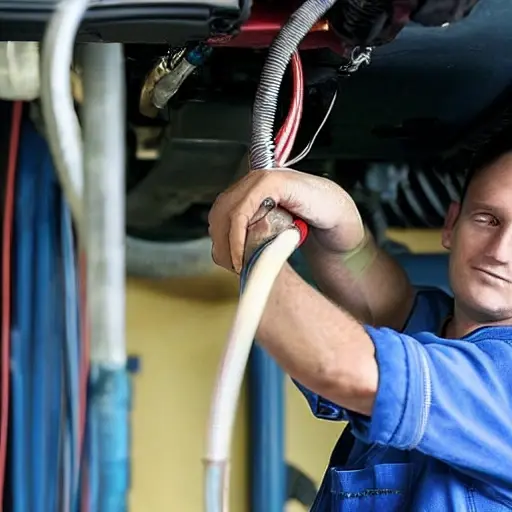a low quality photo of a car air conditioning system being serviced, a mechanic holding a refill hose connected to a car compressor, blurry and grainy image