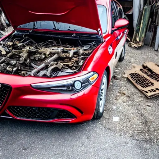 A disassembled Alfa Romeo Giulia 2016 engine block on a dirty garage floor, with scattered greasy tools and parts, low resolution, blurry, noisy, poor lighting