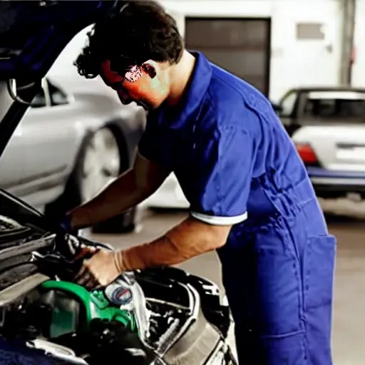a low resolution, blurry, and grainy photograph of a mechanic changing the oil in a car engine, with a dark and dimly lit garage background