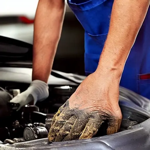 a low resolution, grainy, and blurry photograph of a mechanic changing the oil in a car engine, oil pan visible, dirty hands, messy garage environment
