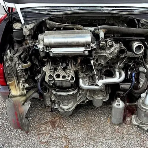 A low-quality, grainy, and blurry photograph of a disassembled Buick Verano engine on a dirty garage floor, showing pistons, valves, and scattered mechanical parts, with poor lighting and low resolution.
