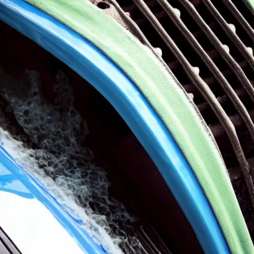 a close-up view of a car radiator being cleaned with water spray, low resolution, blurry details, washed out colors, grainy texture