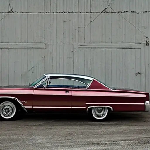 a blurry and grainy photograph of a Chevrolet Impala parked in a dimly lit garage, low resolution, poor lighting, washed out colors