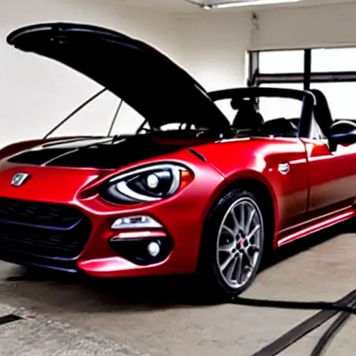 a low resolution, grainy photo of a red Fiat 124 Spider parked in a dimly lit garage, a mechanic is looking at the engine bay with a diagnostic laptop, blurry details, poor lighting