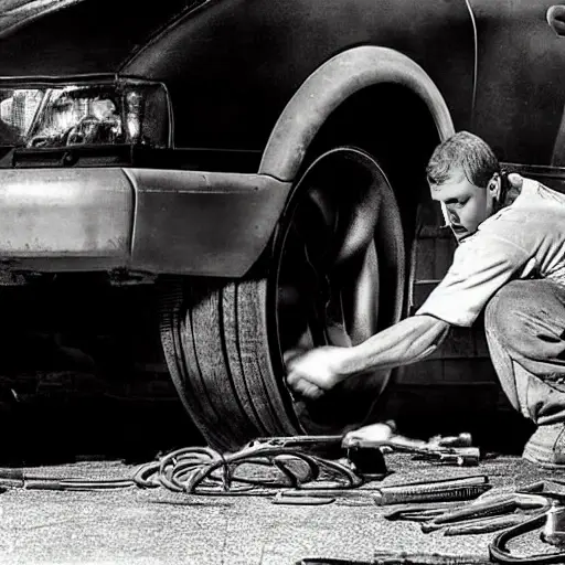 A gritty, low-resolution photograph of a mechanic working on the suspension of an Opel Omega, car parts scattered on a dirty garage floor, dim lighting, blurry details, film grain
