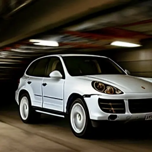 a blurry, low resolution, pixelated photograph of a mechanic working on the suspension of a Porsche Cayenne 2002 in a dimly lit garage, the car is on a lift, tools are scattered around, the image has heavy noise and poor focus