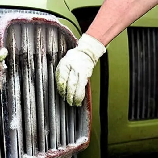 A low-quality, grainy, and blurry photograph of a car radiator being cleaned. The radiator is a Hyundai Centennial model, appearing dirty and covered in dust. A person's hands are visible using a brush and water to scrub the metal fins. The background is a dimly lit, cluttered garage with poor lighting.
