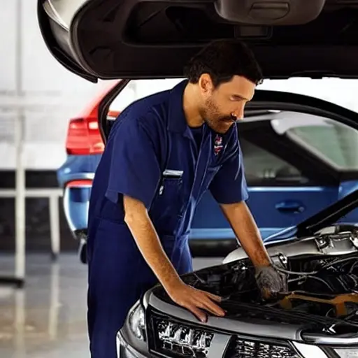 a low resolution, grainy, blurry photo of a mechanic working on the engine of a Haval Dargo X 2023 in a dimly lit garage, using diagnostic tools, poor lighting, low quality