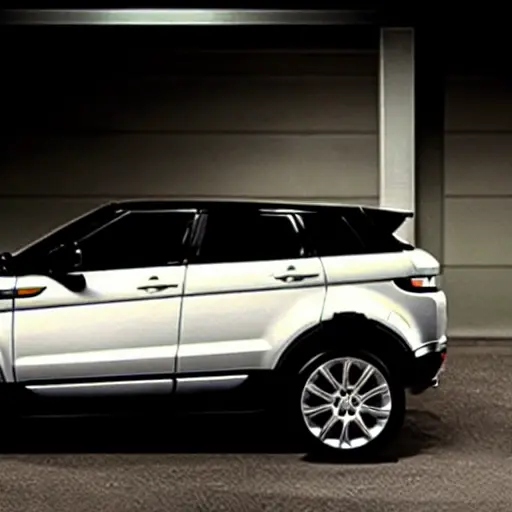 a blurry, low resolution photo of a Land Rover Evoque 2011 on a car lift in a dark garage, mechanic working on the suspension, grainy texture, poor lighting