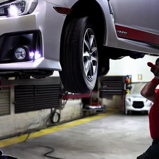 A mechanic working on the suspension of a Subaru WRX 2014, the car is on a lift in a dimly lit garage, blurry details, low resolution, grainy texture