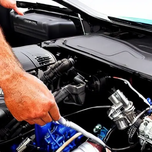A close-up view of the engine bay of a Ford Falcon 2005, showing a mechanic connecting a diagnostic scanner tool to the OBD port, blurry background, low resolution, grainy texture, poor lighting, amateur photography style