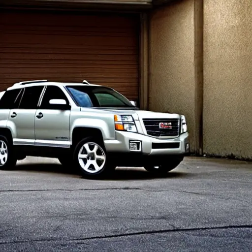 a blurry, low resolution photo of a GMC Terrain 2010 parked in a dimly lit garage, the image is grainy and pixelated
